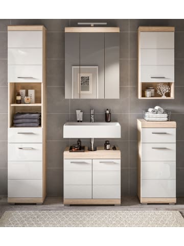 Inn.Furn Badmöbel-Set 5-teilig weiß Hochglanz, Eiche 164 cm, viel Stauraum