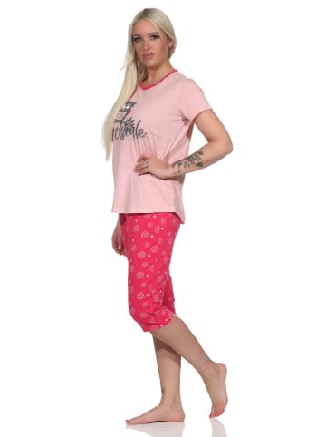NORMANN kurzarm Schlafanzug Capri Pyjama Eulen "Nachteule" in rosa