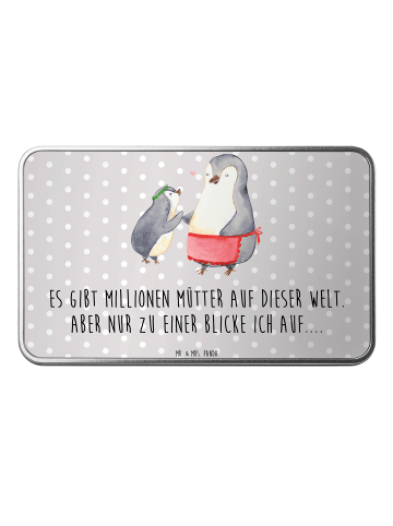 Mr. & Mrs. Panda Kiste Pinguin mit Kind mit Spruch in Grau Pastell