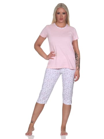 NORMANN Capri Pyjama Schlafanzug Streifen Hose & Rundhals in rosa