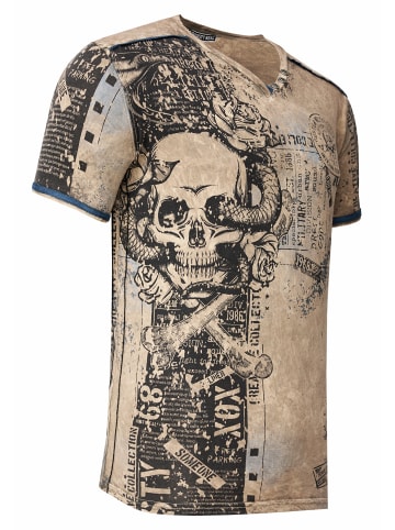 Rusty Neal V-Neck T-Shirt mit All Over Skull X Snake Print und Wildleder-Details in Olive