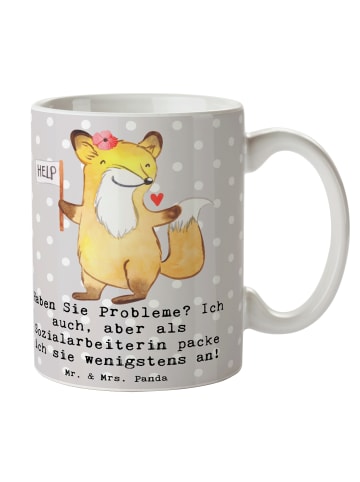 Mr. & Mrs. Panda Kaffeebecher Sozialarbeiterin Probleme mit Spruch in Grau Pastell