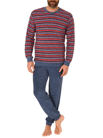 NORMANN Frottee Pyjama Schlafanzug Bündchen Streifen - 51512 in Dunkelblau