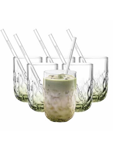 LEONARDO 6er Set Matcha Latte Gläser mit Glastrinkhalm (2) Gocce in 390 ml in grün