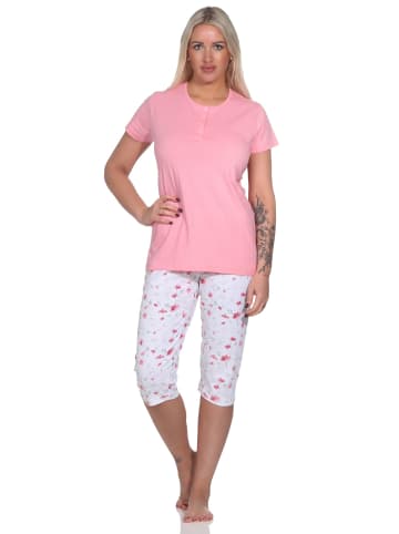 NORMANN Eleganter Damen Capri Pyjama, Schlafanzug mit Capri Hose in rosa