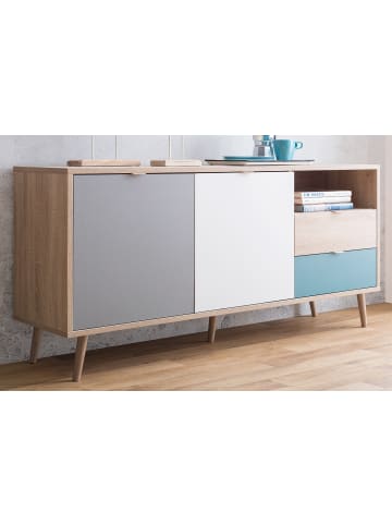 Furn.Design Sideboard Eiche, Petrol, weiß, grau 150 cm, Kommode Tricolor skandinavisch