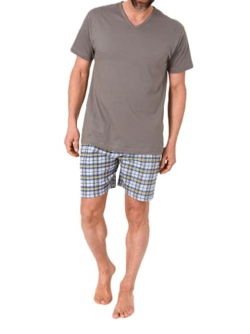 NORMANN Schlafanzug kurzarm Shorty mit karierter Jersey Hose in grau
