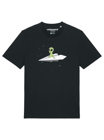 wat? Apparel T-Shirt Alien on a paper plane in Schwarz
