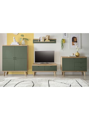 Furn.Design Wohnwand 4-teilig Salbei grün, Eiche skandinavisch 340 cm, Set mit viel Stauraum