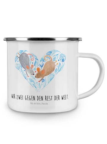 Mr. & Mrs. Panda Camping Emaille Tasse Mäuse Herz mit Spruch in Weiß