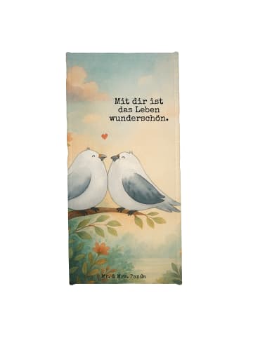 Mr. & Mrs. Panda Badehandtuch Turteltauben Liebe Design mit Spruch in Grau Pastell