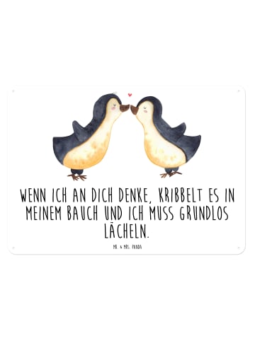 Mr. & Mrs. Panda Blechschild Pinguine Kuss mit Spruch in Weiß