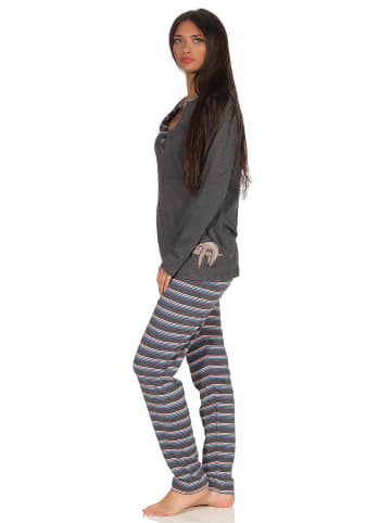 NORMANN Pyjama Kuschelinterlock Hose gestreift Faultier - 48929 in anthrazit-melange