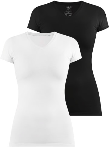 Janice 2 x Figurbetontes T-Shirt mit V-Ausschnitt Siena in Schwarz/Weiß