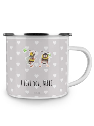 Mr. & Mrs. Panda Camping Emaille Tasse Bienen Paar mit Spruch in Grau Pastell