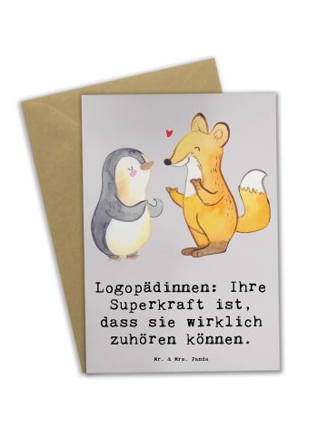 Mr. & Mrs. Panda Grußkarte Logopädin Superkraft mit Spruch in Grau Pastell