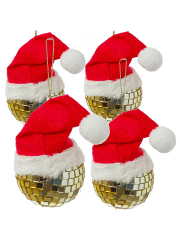 MARELIDA 4x Weihnachtsbaumschmuck Discokugel mit Nikolausmütze H: 7cm in gold