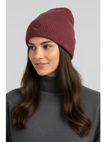 Faera Strickmütze mit Smiley und feinem Rippenstrick in Bordeaux