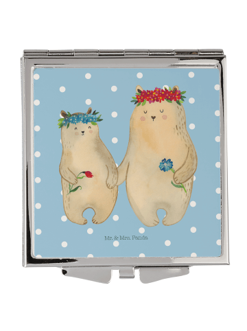 Mr. & Mrs. Panda Handtaschenspiegel quadratisch Bären mit Blumen... in Blau Pastell