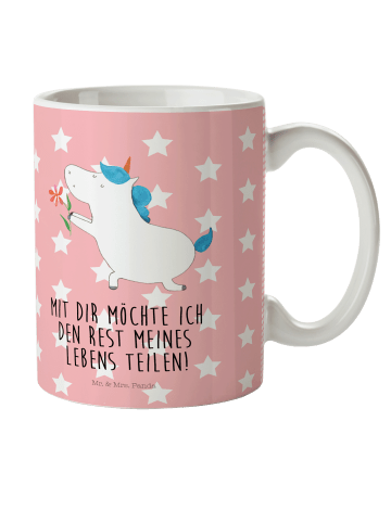 Mr. & Mrs. Panda Henkelbecher Einhorn Blume mit Spruch in Rot Pastell