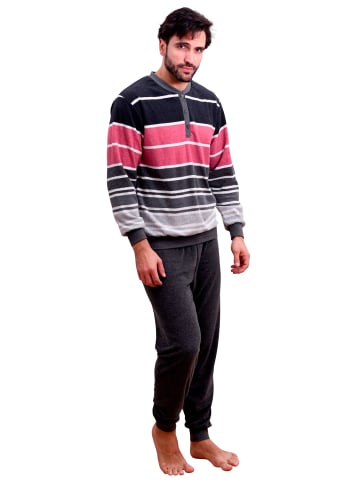 NORMANN Frottee Pyjama Knopfleiste Schlafanzug Blockstreifen - 82869 in grau