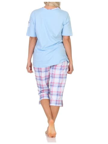 NORMANN Schlafanzug kurzarm Pyjama karierter Capri Hose Jersey - 84989 in hellblau