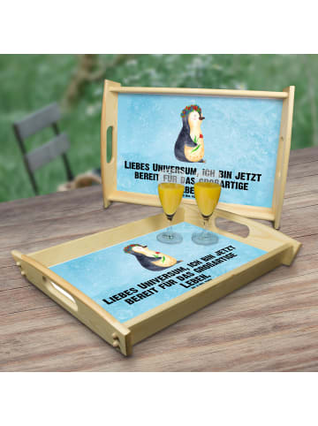 Mr. & Mrs. Panda Holztablett Pinguin Blumen mit Spruch in Eisblau