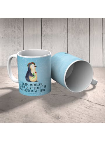 Mr. & Mrs. Panda Tasse Pinguin Blumen mit Spruch in Eisblau