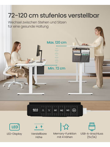 SONGMICS Schreibtisch Balok in Weiß-Grau - (B)140 x (H)(72-120) x (T)60 cm