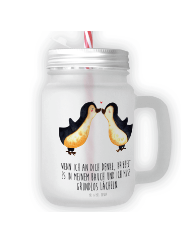 Mr. & Mrs. Panda Trinkglas Mason Jar Pinguine Kuss mit Spruch in Transparent