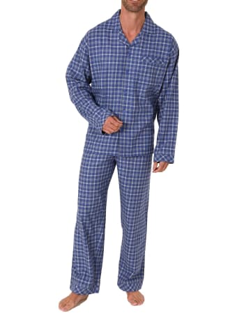 NORMANN Flanell Pyjama Schlafanzug zum durchknöpfen - 70113 in blau