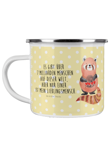 Mr. & Mrs. Panda Camping Emaille Tasse Roter Panda mit Spruch in Gelb Pastell