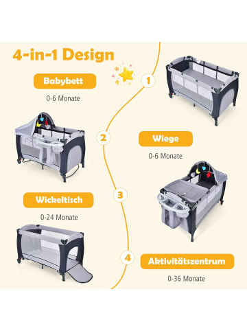 COSTWAY 4 in 1 Reisebett Babywiege Wickeltisch in Grau