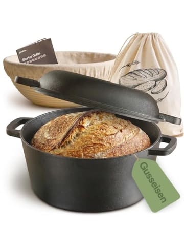 Praknu Gusseisen Brottopf Set Rund 4,7L mit Gärkörbchen & Leinenbeutel