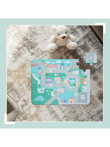 relaxdays 100 x Holzbausteine "Stadt" mit Puzzlematte in Bunt