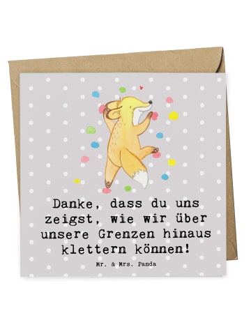 Mr. & Mrs. Panda Grußkarte Klettern Trainerin Dankeschön mit Spruch in Grau Pastell
