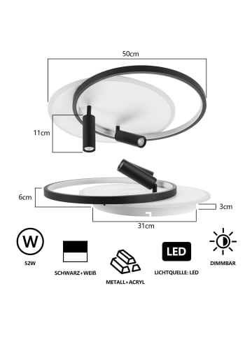 ZMH Deckenleuchte LED rund in schwarz und weiß mit 2-flammige Spot dimmbar L 50cm