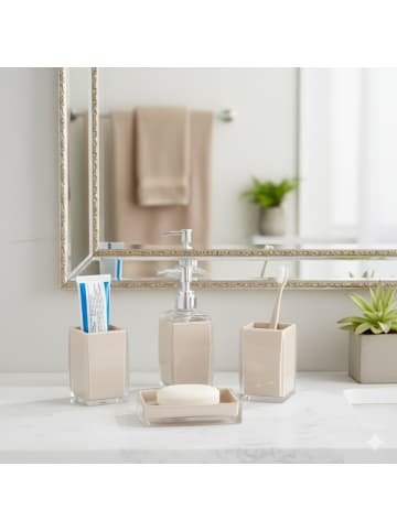 Cheffinger 4-teilig, Seifenspender, Zahnbürstenhalter, Schale & Organizer in Beige