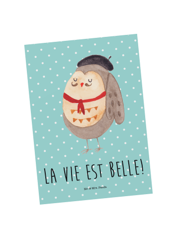 Mr. & Mrs. Panda Ansichtskarte Eule Frankreich mit Spruch in Türkis Pastell