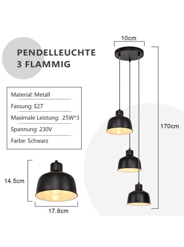 ZMH Pendelleuchte in schwarz 3-flammige E27 Vintage höhenverstellbar