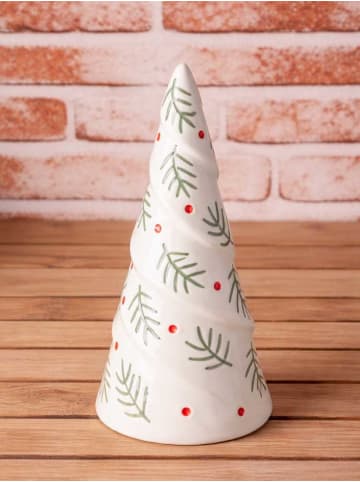 AltoBelli Deko Objekt TANNENBAUM Weiß mit Grünen Zweigen und Roten Punkten Keramik 21 cm