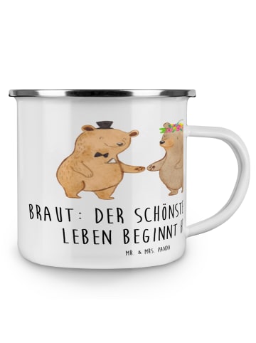 Mr. & Mrs. Panda Camping Emaille Tasse Braut Tag mit Spruch in Weiß
