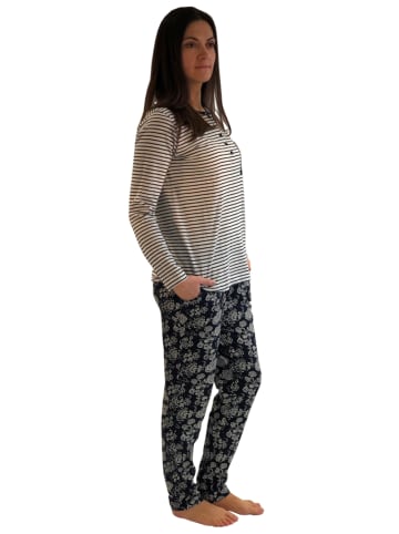 NORMANN Pyjama lang Oberteil gestreift Hose Blümchenmuster - 44358 in creme