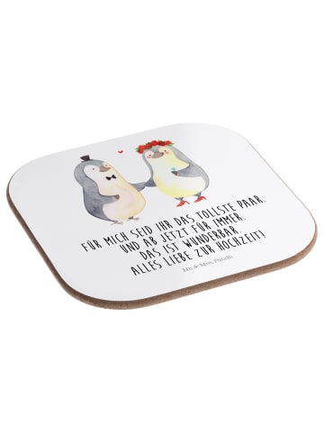 Mr. & Mrs. Panda Holzuntersetzer Hochzeit Pinguin mit Spruch in Weiß