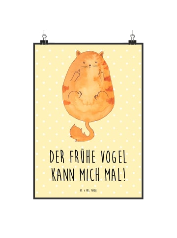 Mr. & Mrs. Panda Poster Katze Frühaufsteher mit Spruch in Gelb Pastell