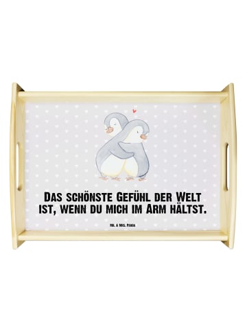 Mr. & Mrs. Panda Servierbrett Pinguine Kuscheln mit Spruch in Grau Pastell