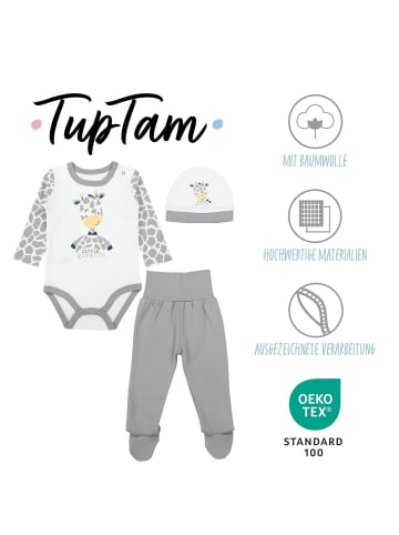 TupTam Baby Bekleidungsset Langarmbody Hose Mütze3 teilig in grau/weiß