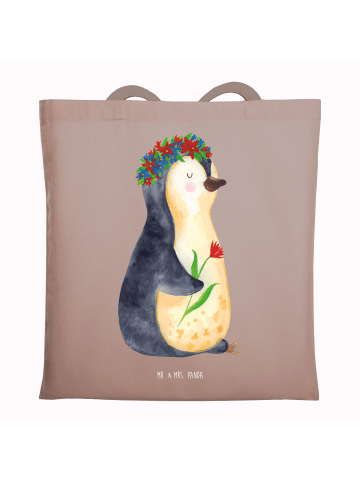 Mr. & Mrs. Panda Tragetasche Pinguin Blumen ohne Spruch in Braun Pastell