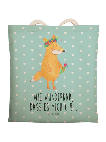 Mr. & Mrs. Panda Tasche Fuchs Blumen mit Spruch in Türkis Pastell