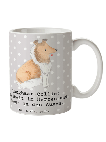 Mr. & Mrs. Panda Tasse Langhaar Collie Treue mit Spruch in Grau Pastell